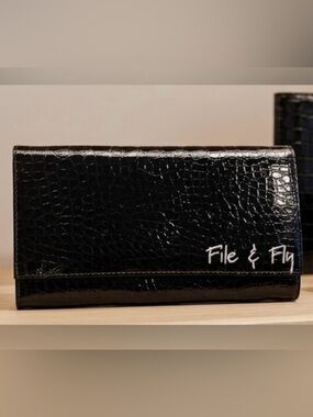Miamica File & Fly Black Crocodile Embossed Travel Organizer Wallet Clutch